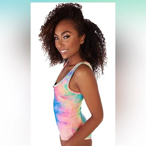 IHEARTRAVES Tie Dye Velour Zip Up Rave Dance Bodysuit Leotard Multicolor Small - Picture 3 of 13